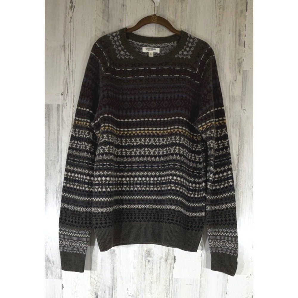 Goodthreads Sweater Mens Medium Olive Green 100% Lambswool Fair Isle Crew Neck